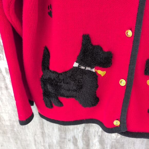 Vintage Crystal Kobe Scottie Dog Whimsical Button Up Knit Cardigan Women's Large - Picture 3 of 9